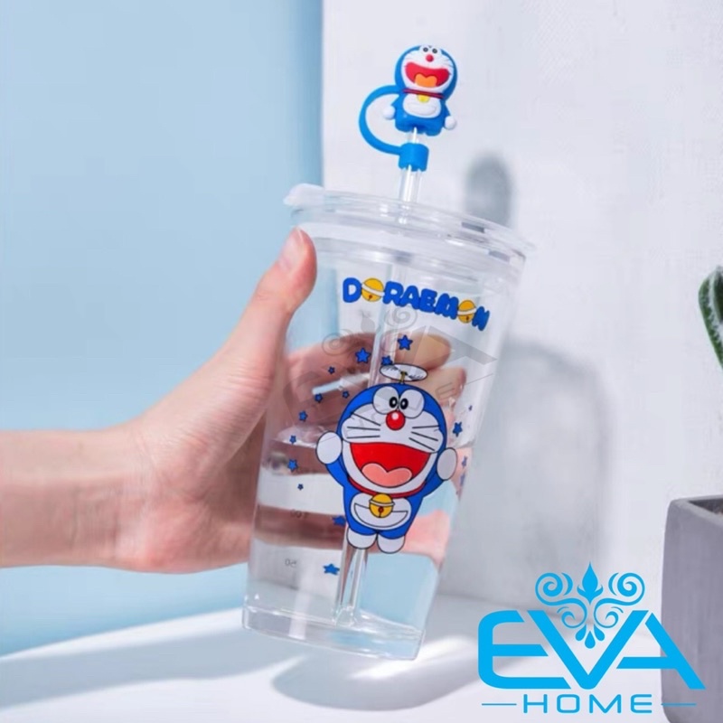 Ly / Cốc Thuỷ Tinh Mèo Máy Mon Có Vạch Chia 400 Ml Kèm Nắp Đậy Ống Hút Silicone Hình Doremon 3D Xinh Xăn SP914