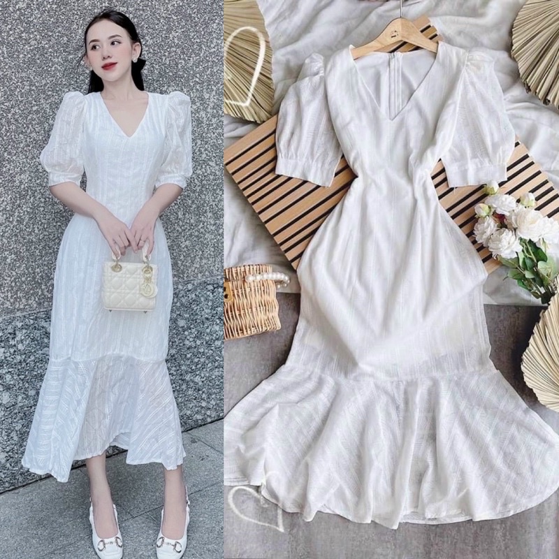 Đầm váy trắng ôm body dài đuôi cá tay bồng/phồng, thời trang nữ thanh lịch kín đáo sang trọng đi chơi dạo phố dự tiệc