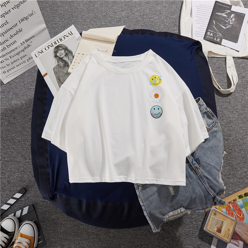 [FREESHIP ĐƠN TỪ 50K] Áo croptop logo 3 hình mặt cười hoa cúc HARI0320