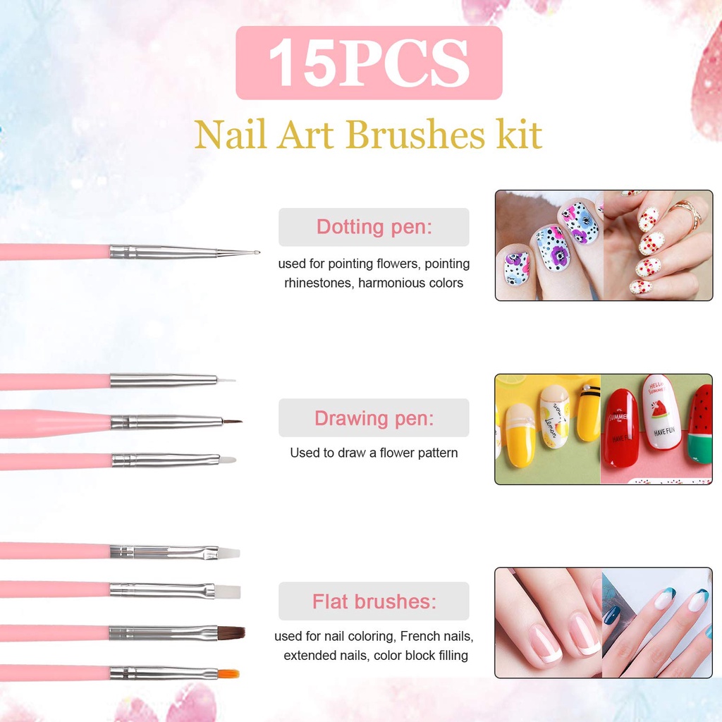 Bộ Dụng Cụ Thiết Kế Móng Tay 3D + 15 Cọ Gel + 5 Bút Chấm Bi + 12 Màu Dán Móng Tay Nghệ Thuật