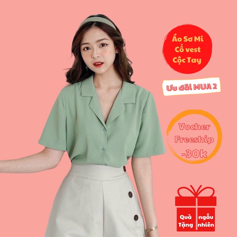 Áo Sơ Mi Nữ Cổ Vest Tay Ngắn Kiểu Hàn Vải Lụa Mềm Mịn Chất Vải Mát 6 Màu