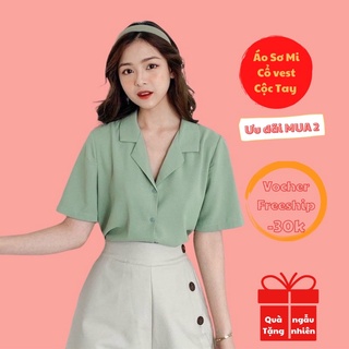 Áo Sơ Mi Nữ Cổ Vest Tay Ngắn Kiểu Hàn Vải Lụa Mềm Mịn Chất Vải Mát 6 Màu