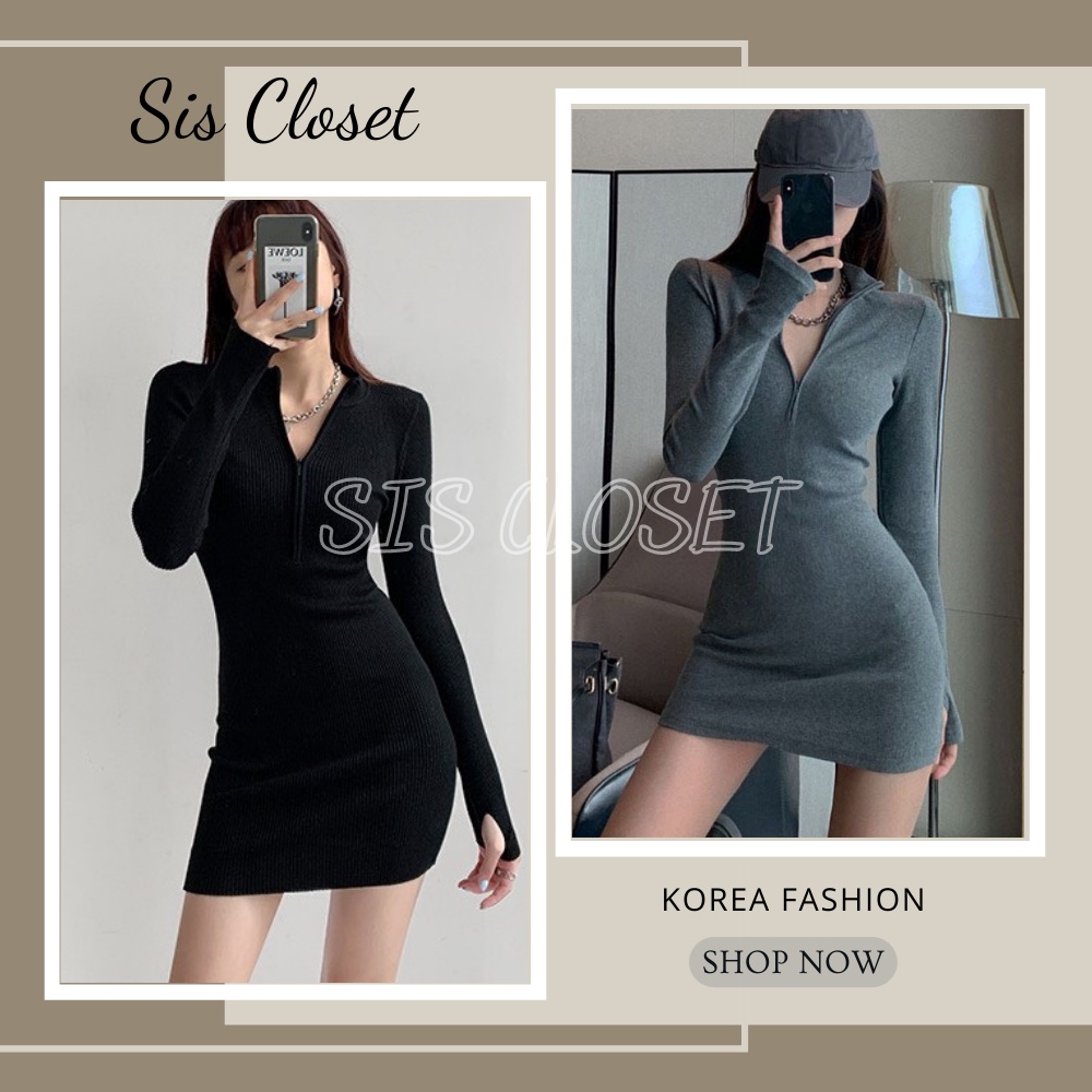 Đầm body , váy body phối khóa kéo , cổ v khóa giọt lệ ôm body tôn dáng phong cách sexy