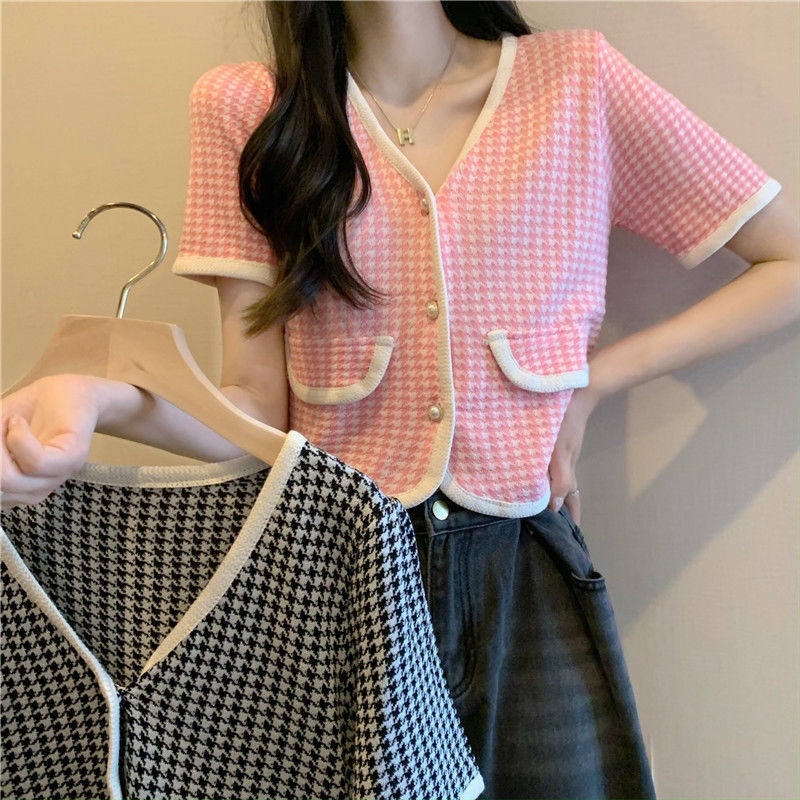Áo Dệt Kim Ngắn Tay Cổ Chữ v Thời Trang Mùa Hè Cho Nữ