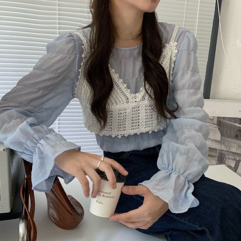 Set Áo Tay Phồng Bánh Bèo + Áo Len Ren Siêu Xinh