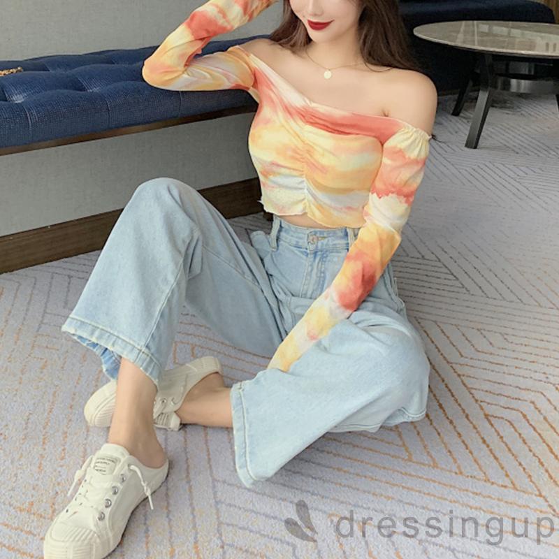 Áo Croptop Tay Dài Cổ Thuyền Màu Nhuộm Thời Trang Cho Nữ