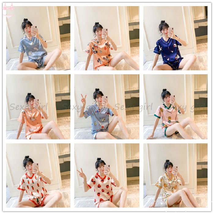 Bộ Đồ Ngủ Ngắn Tay Bằng Lụa In Họa Tiết Xinh Xắn Dành Cho Nữ | BigBuy360 - bigbuy360.vn