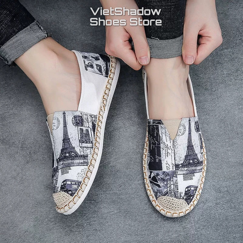 Giày lười vải nam đế cói in họa tiết - Slip on nam - Chất liệu vải bố cotton 2 màu đỏ và xám - Mã 2951