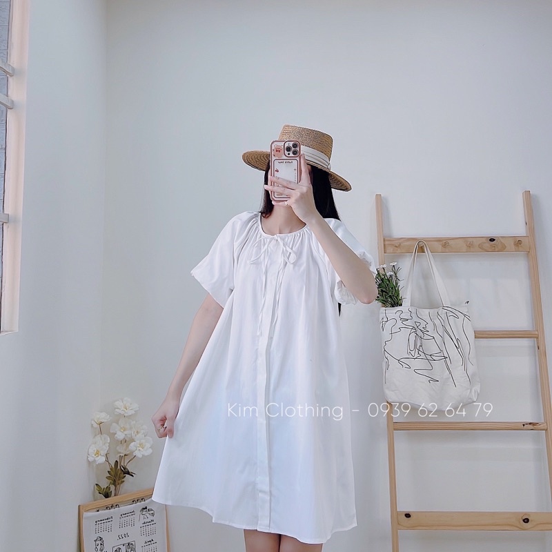 Đầm suông tay bồng gài nút cột nơ xinh xắn [kèm hình thật]