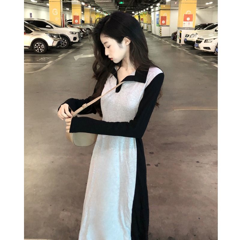 Đầm COZOKC tay dài cổ polo ôm eo màu tương phản phong cách Hàn Quốc