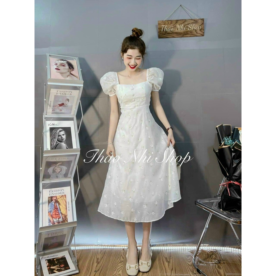 Váy đầm nữ dáng xoè tay con cổ vuông hoạ tiết hoa nút bọc chât vải voan 2 lớp cao cấp