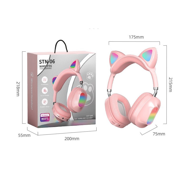 Tai Nghe/Headphone Mèo Bluetooth 5.0 STN06 Tích Hợp Dạ Quang Phát Sáng Âm Thanh Nổi Kiểu Dáng Dễ Thương