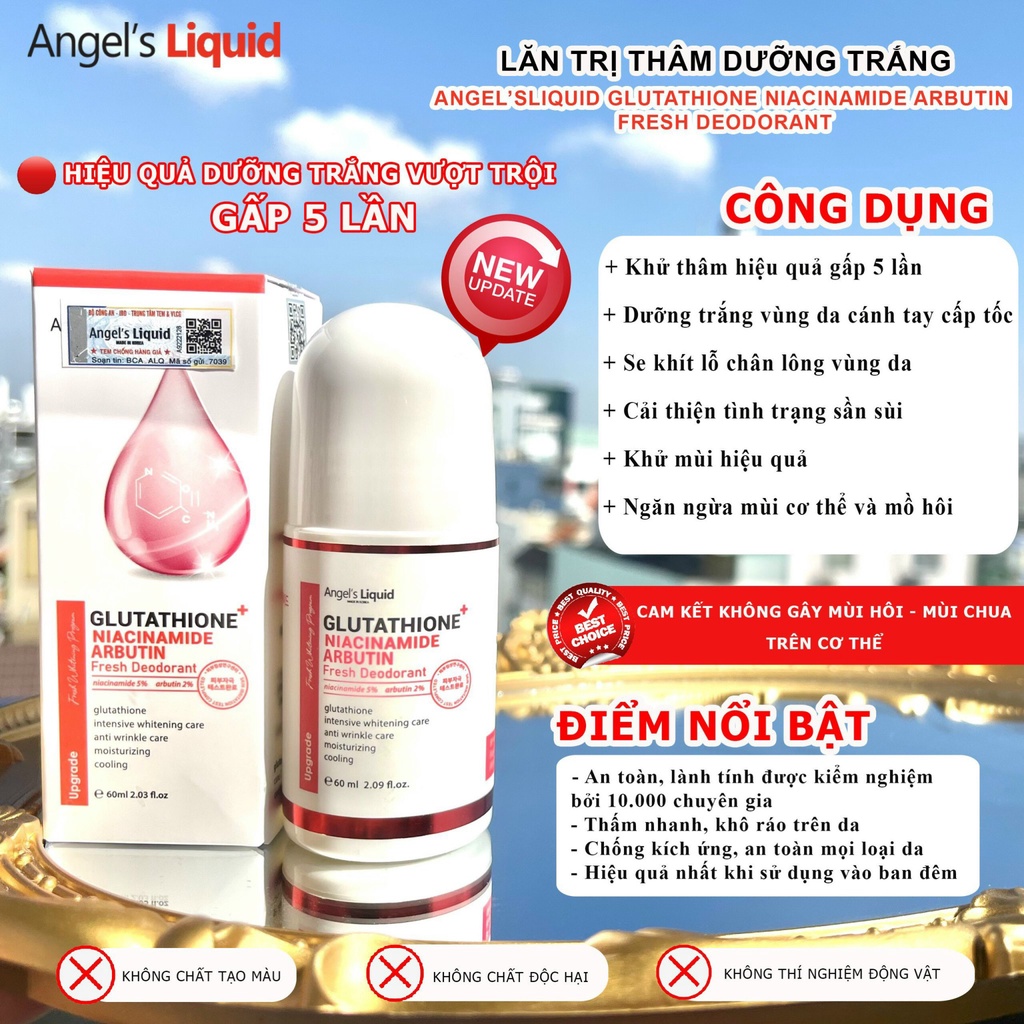 Lăn nách khử mùi, mờ thâm, dưỡng trắng da Angel Liquid Glutathione plus Niacinamide Fresh Deodorant 60ml