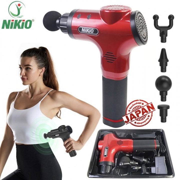 Súng massage cầm tay Nhật Bản Nikio NK-170A - 4 đầu, 6 tốc độ, màu đỏ - GIÁ RẺ