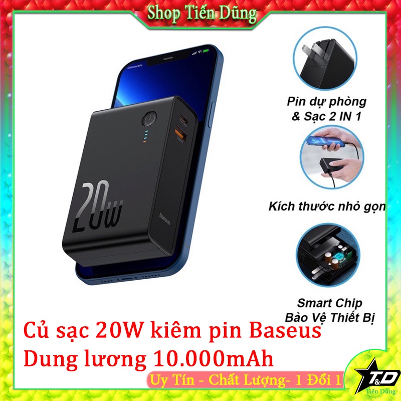 Củ sạc kiêm pin dự phòng baseus 10000mAh sạc nhanh 20w có 2 cổng USB và Type-C