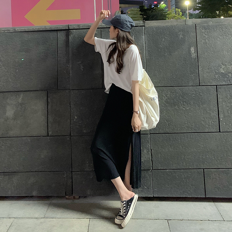 Bộ Áo Thun Ngắn Tay + Chân Váy Midi Lưng Cao Xẻ Tà Xinh Xắn Dành Cho Nữ | BigBuy360 - bigbuy360.vn