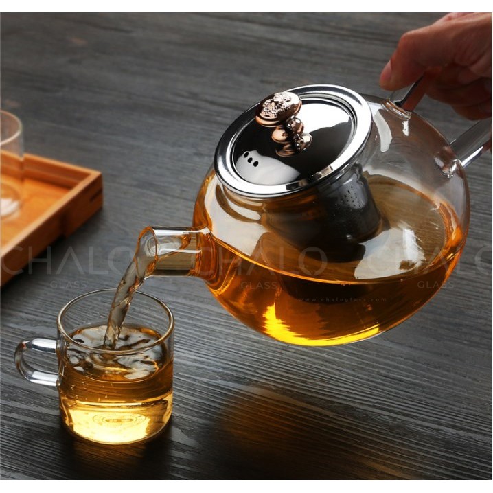 Bình trà thủy tinh chịu nhiệt dáng tròn nắp và lọc trà inox 1000ml - GPH22