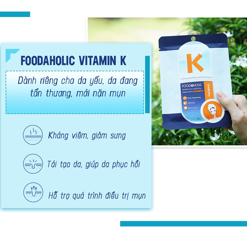 Hộp 10 Mặt Nạ Dưỡng Ẩm Cân Bằng Phục Hồi Giúp Da Thư Giãn Chiết Xuất Vitamin K Foodaholic Derma AC Control Mask 23g x 10