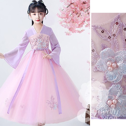 (Hàng có sẵn) Bộ hán phục công chúa thêu hoa màu tím cho bé gái + Tặng quạt vải + kẹp tóc