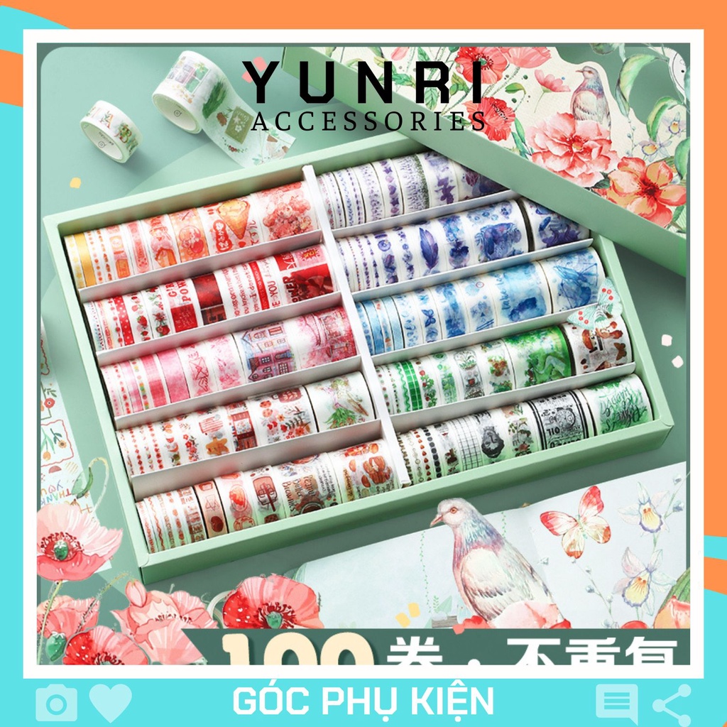 Washi Tape Sticker vintage hoa phong cảnh trang trí sổ -TÁCH SET THEO MÀU NGẪU NHIÊN