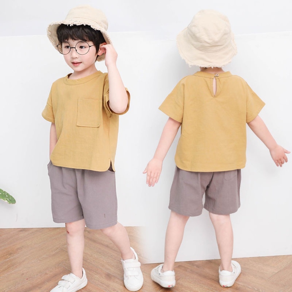 Đồ bộ bé trai Hàn Quốc xuất xịn Binbon kids, Bộ cộc tay cho bé trai QA68 chất đũi nhăn siêu mát cho bé từ 8-28kg