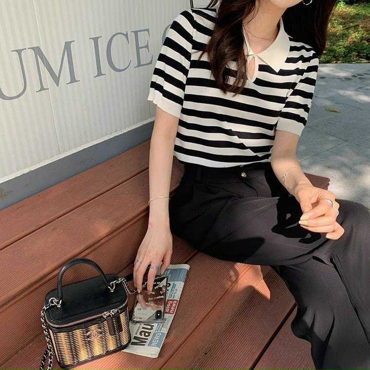 Áo len montoghi cổ bẻ cộc tay 2 màu kẻ basic