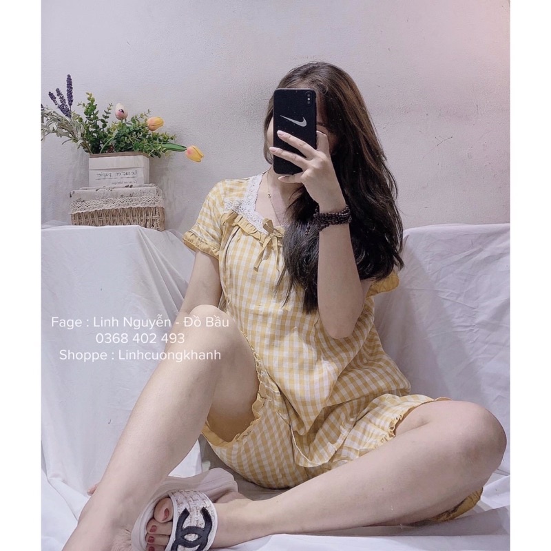 Bộ bầu lửng kẻ karo thiết kế chất đũi Hàn cao cấp,dáng sang chảnh, có chun tăng giảm bụng, có chỗ cho bé ti sau sinh