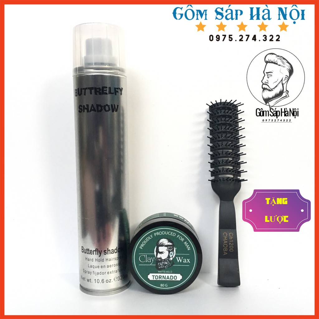 [ Tặng Lược ] COMBO  Gôm Xịt Tóc Butrefly Shadow 320ml + Sáp Tạo Kiểu Tornado 80gr
