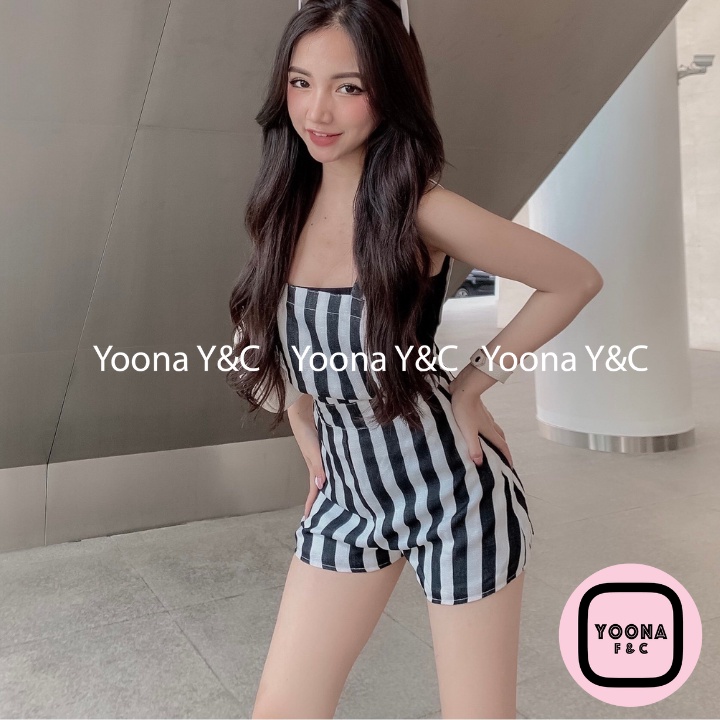 Bộ Set Short Yếm Nút Sau 1730 Sọc Thiết Kế Trẻ Trung Năng Động Thích Hợp Đi Chơi Đi Dạo Phố