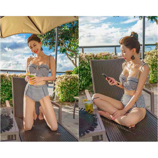 Đồ bơi/ Bikini kẻ caro đen trắng 2 mảnh cúp ngực cạp cao (có ảnh thật)