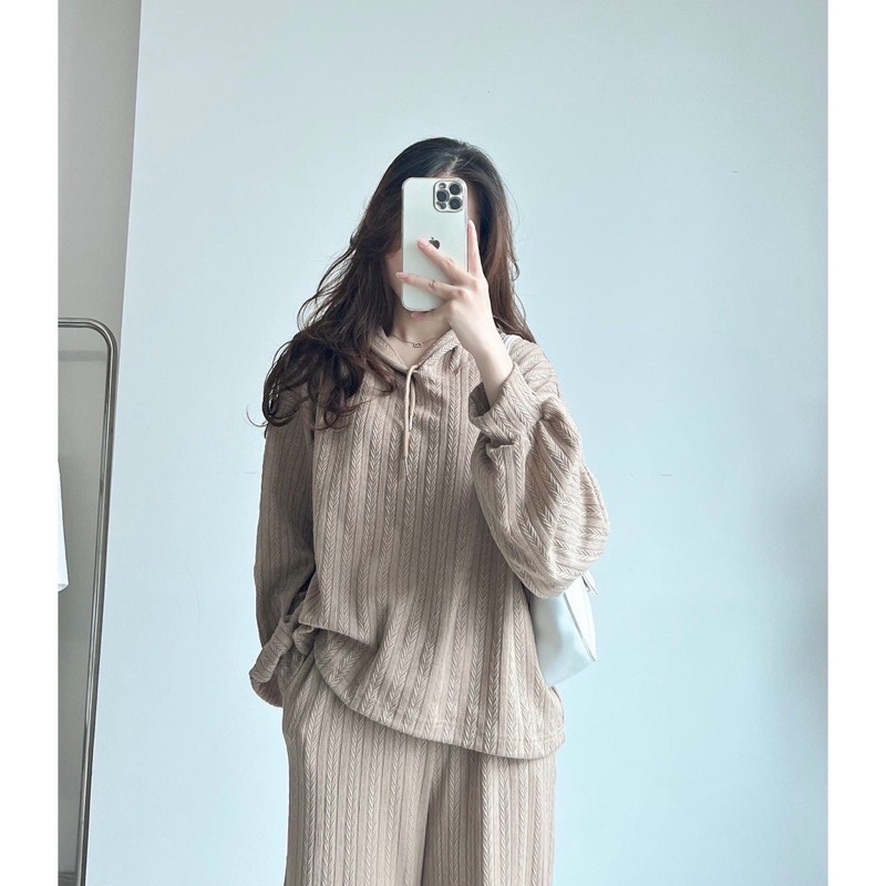 Set len có mũ vân dài tay có kèm mũ quần ống xuông siêu xinh trang phục thường ngày kèm ảnh thật và videos