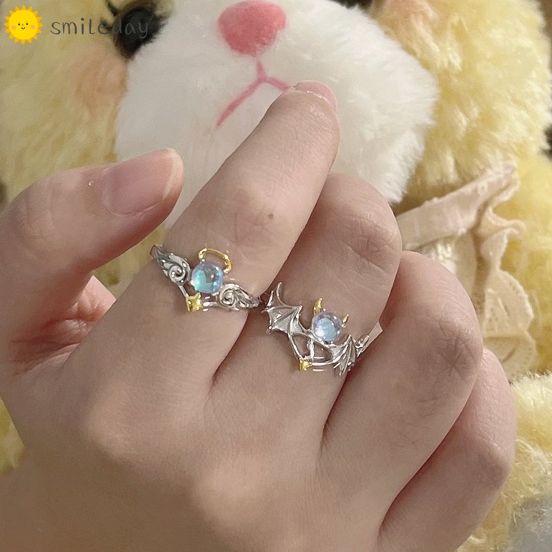 Nhẫn Đôi Mạ Bạc Đính Đá Opal Thiên Thần Có Thể Điều Chỉnh Kích Cỡ