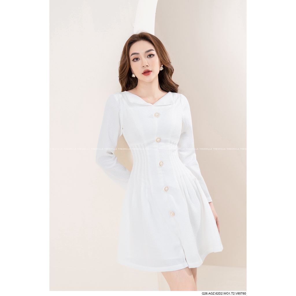 Váy đầm thiết kế tay dài cổ V xếp kết nút cao cấp [ Có video + Ảnh thật ] The Shilla - Q26AGZ.62D2