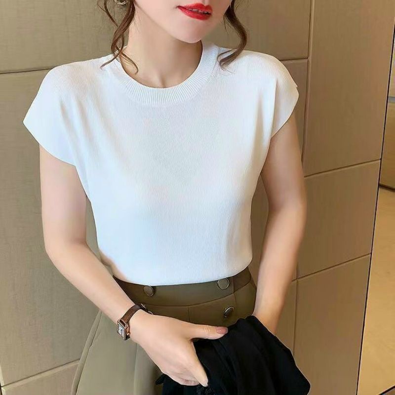 Áo Len Tay Ngắn Cổ Tròn Dáng Rộng Phong Cách Hàn Quốc Thời Trang Cho Nữ