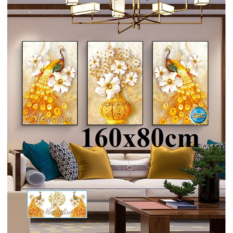 Tranh thêu chữ thập tranh đá bộ 3 chim công MN0184 MN0185 Y8330 Y8331 160*80cm