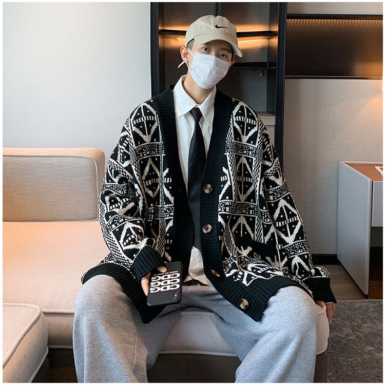 Áo len cardigan nam cổ V dáng rộng, áo khoác len nam form rộng hàn quốc oversize họa tiết thổ cẩm 276