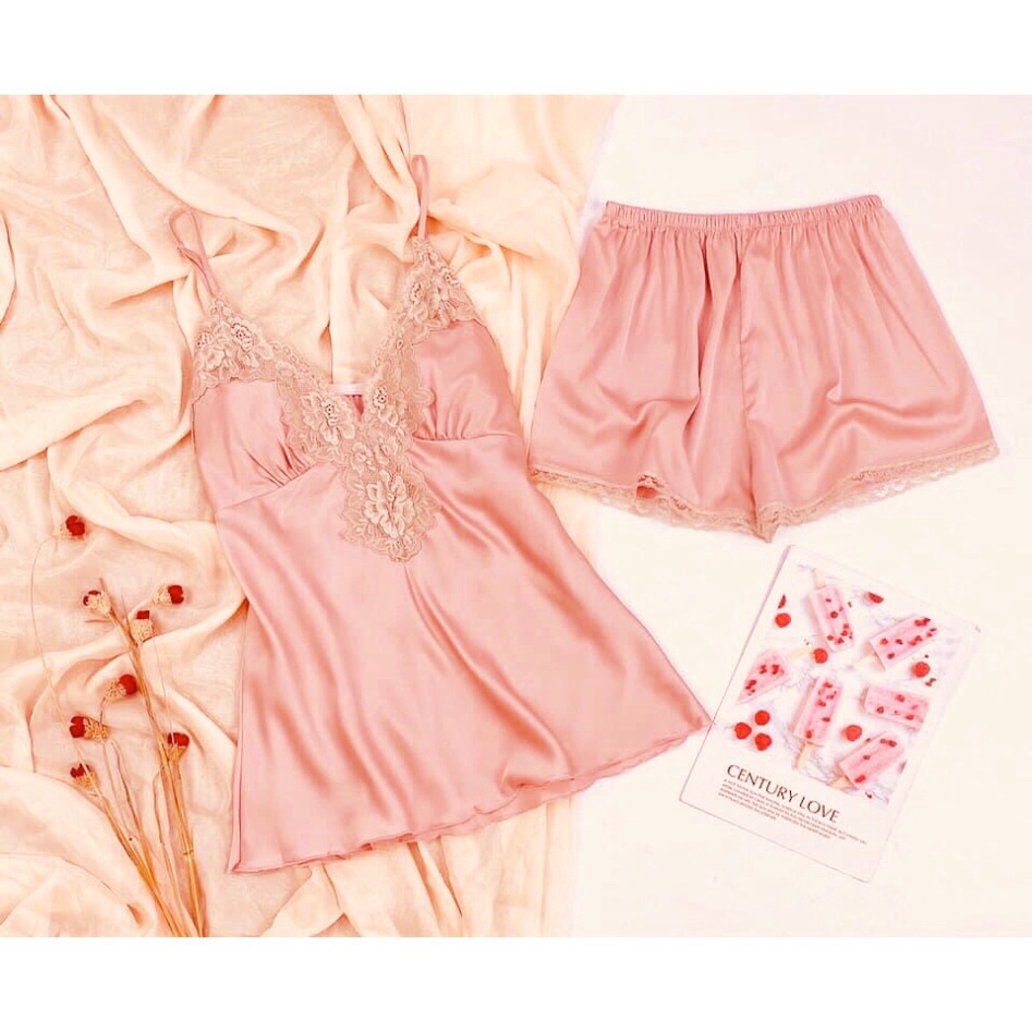Bộ ngủ 2 dây sexy lụa satin phối ren đẹp có mút ngực cao cấp giá rẻ 012 | BigBuy360 - bigbuy360.vn