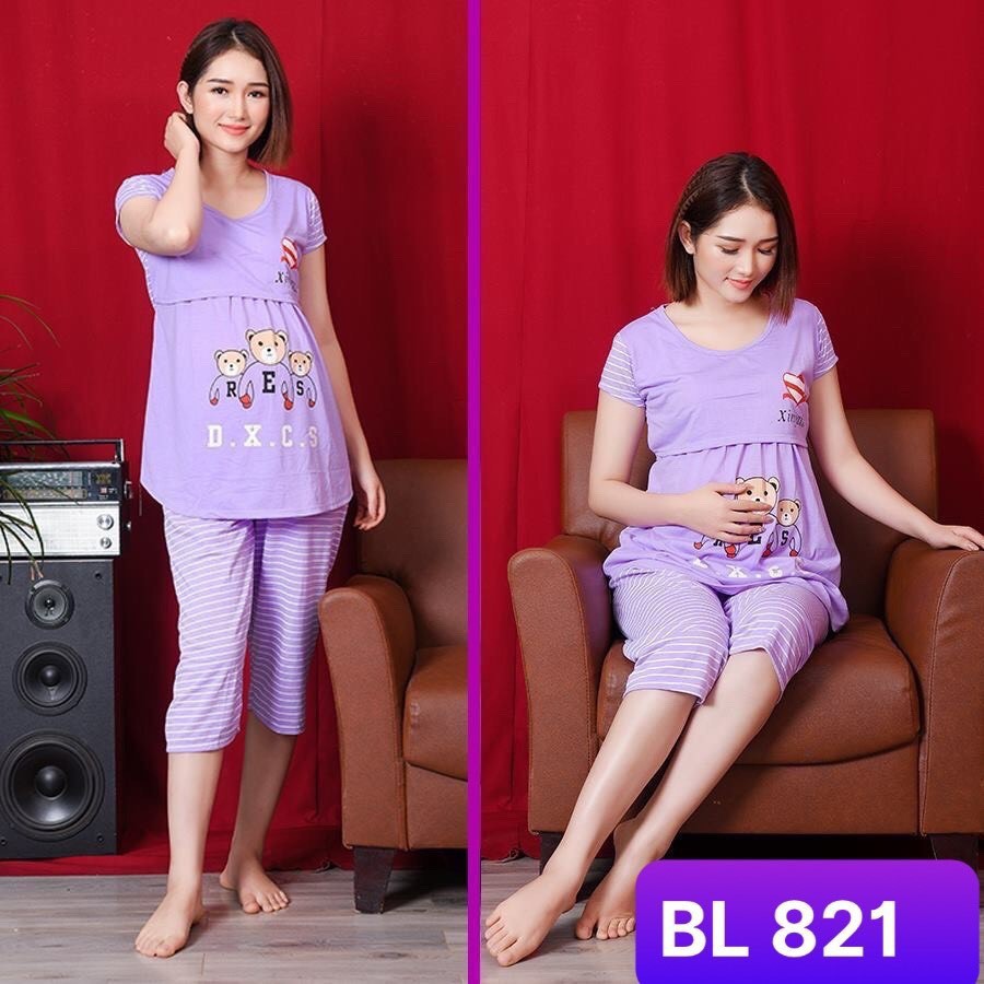 Bộ đồ bầu LỬNG CHẤT COTTON họa tiết ngộ nghĩnh, áo lật cho con bú sau sinh  BL821