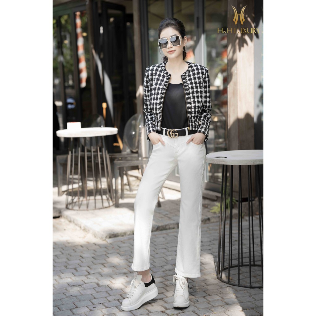 Quần bò nữ đẹp H&H Luxury - Jean trắng Dáng Ống loe nhẹ thanh lịch Hàng thiết kế
