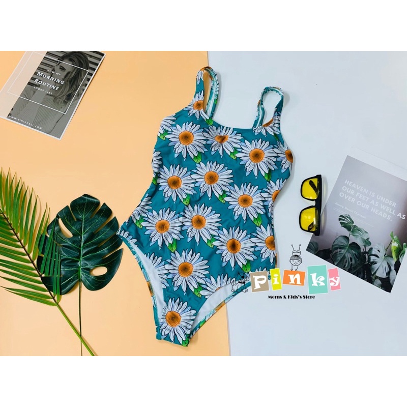 Đồ bơi nữ 1 mảnh, bikini liền thân màu xanh big size hoạ tiết hoa Cúc xinh xắn, trẻ trung