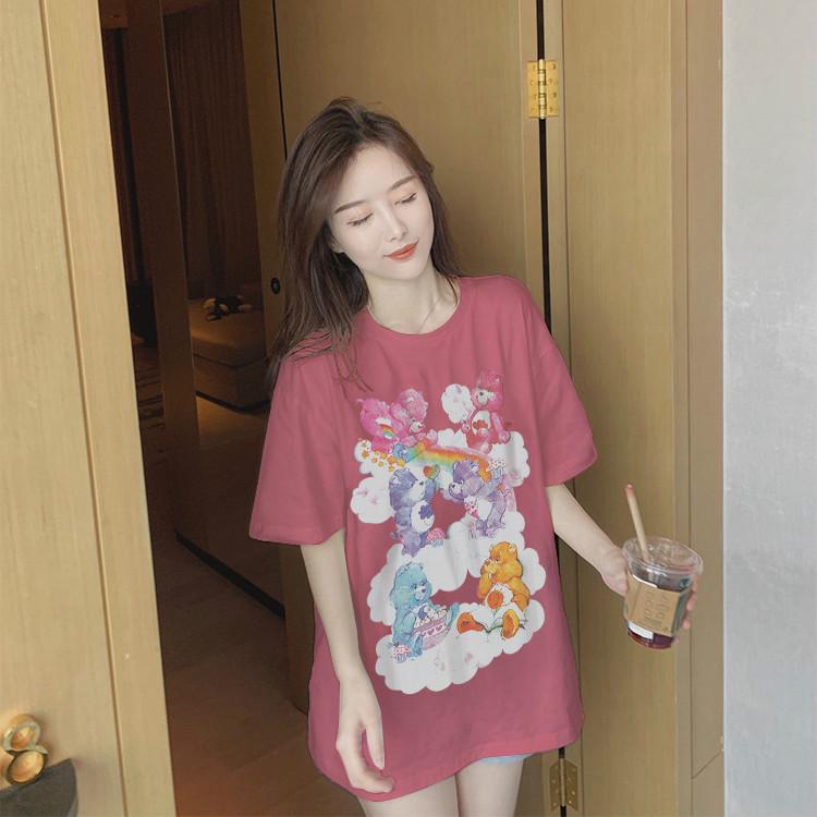 Blue cartoon bear T-shirt short sleeve loose tops INS casual long paragraph summer shirt