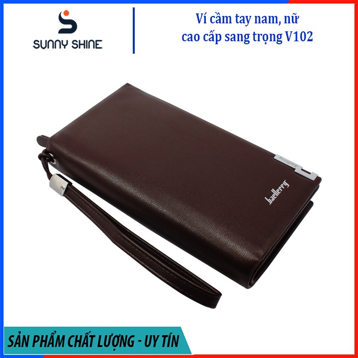 Ví cầm tay dài Baellerry nữ, nam da PU phối da bò dáng đứng cao cấp đen, nâu, dự tiệc sang trọng vừa điện thoại V102 | BigBuy360 - bigbuy360.vn