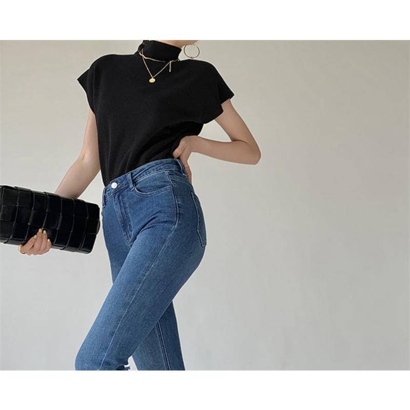 Áo Thun Dệt Kim Cổ Cao Tay Cộc Dáng Rộng Thời Trang Xuân Hè Cho Nữ