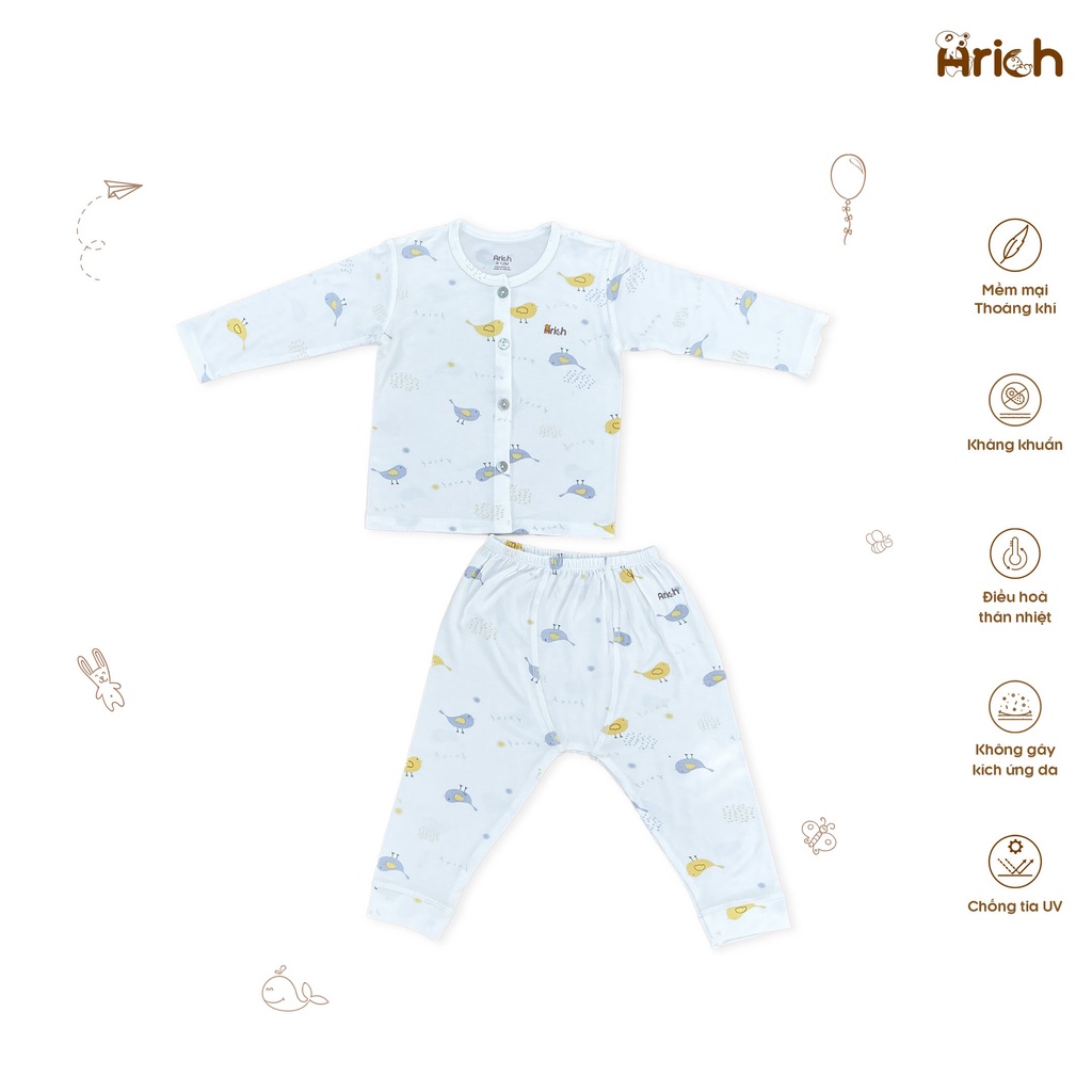 Bộ quần áo dài cài thẳng họa tiết mới Arich vải sợi tre ( size 0- 18 tháng)