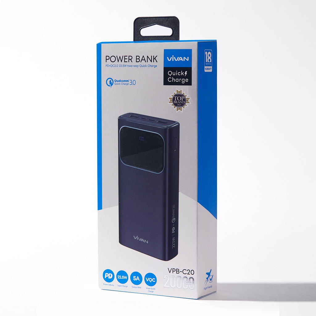 Pin Sạc Dự Phòng VIVAN VPB-C20 Dung Lượng 20000MAH Công Suất Lớn 22.5W Hỗ Trợ Sạc Nhanh 5A Chuẩn PD QC 3.0 VOOC