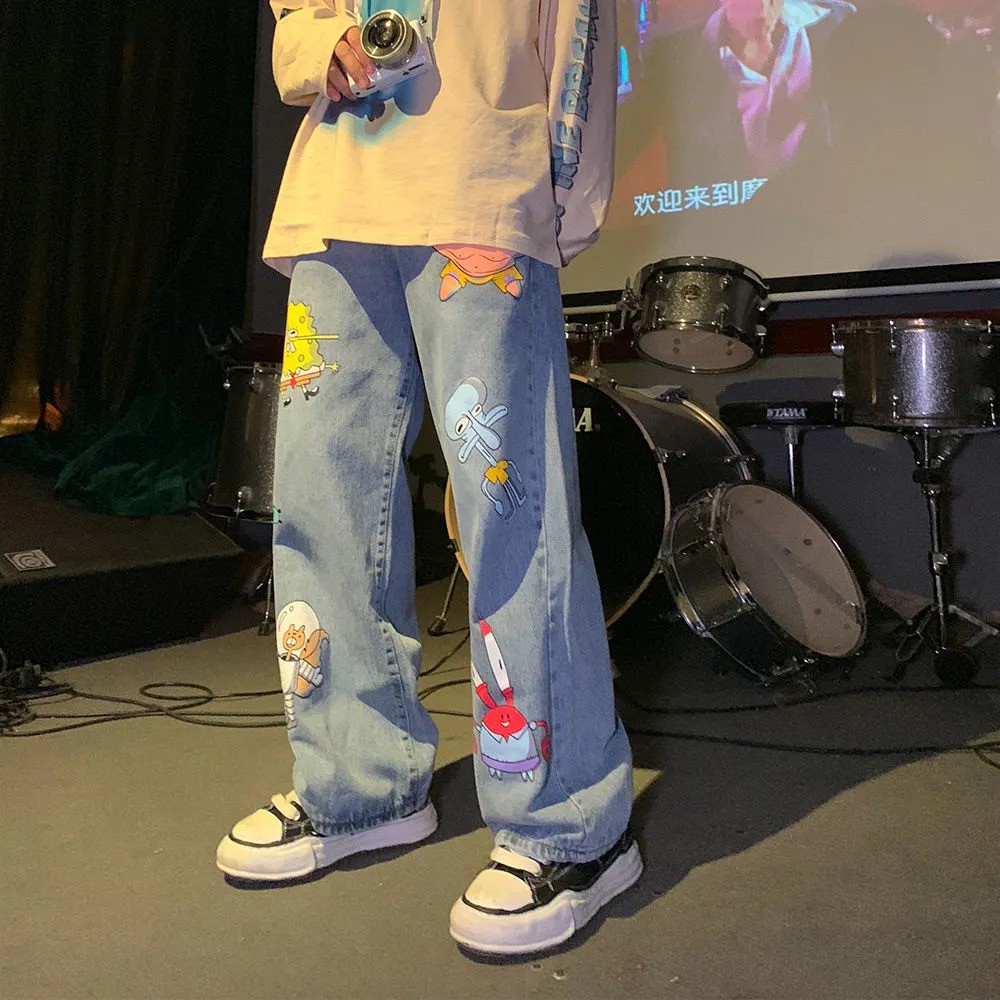 Quần Jeans Lửng Dáng Suông Rộng In Họa Tiết Hoạt Hình Graffiti Phong Cách Hàn Quốc Cho Nam Giới