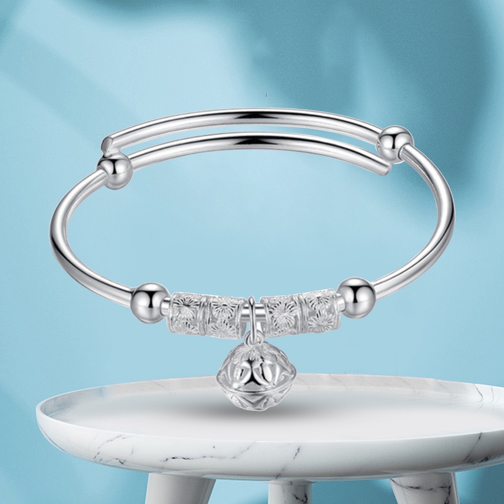 Vòng Đeo Tay Bạc May Mắn Khắc Họa Tiết Chuông May Mắn Có Thể Điều Chỉnh Kích Thước