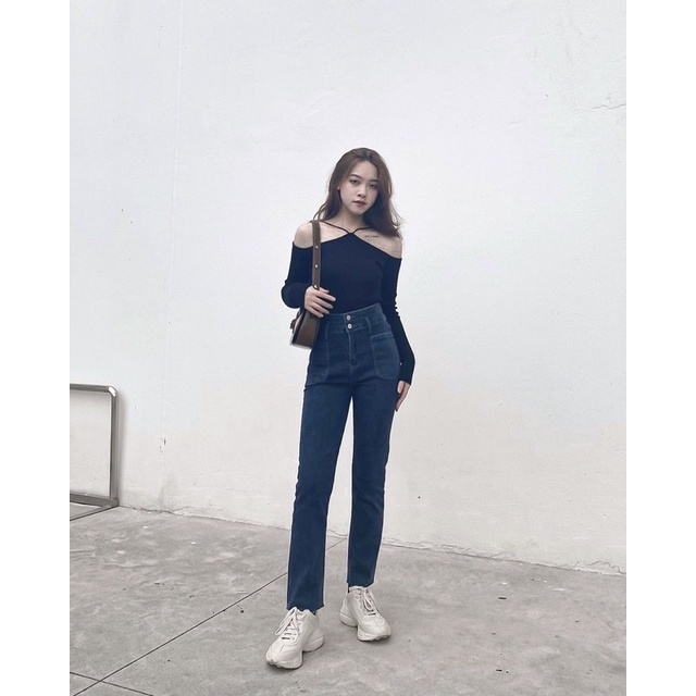 Quần Kiara Jeans Ống Đứng Cạp Cao Co Dãn