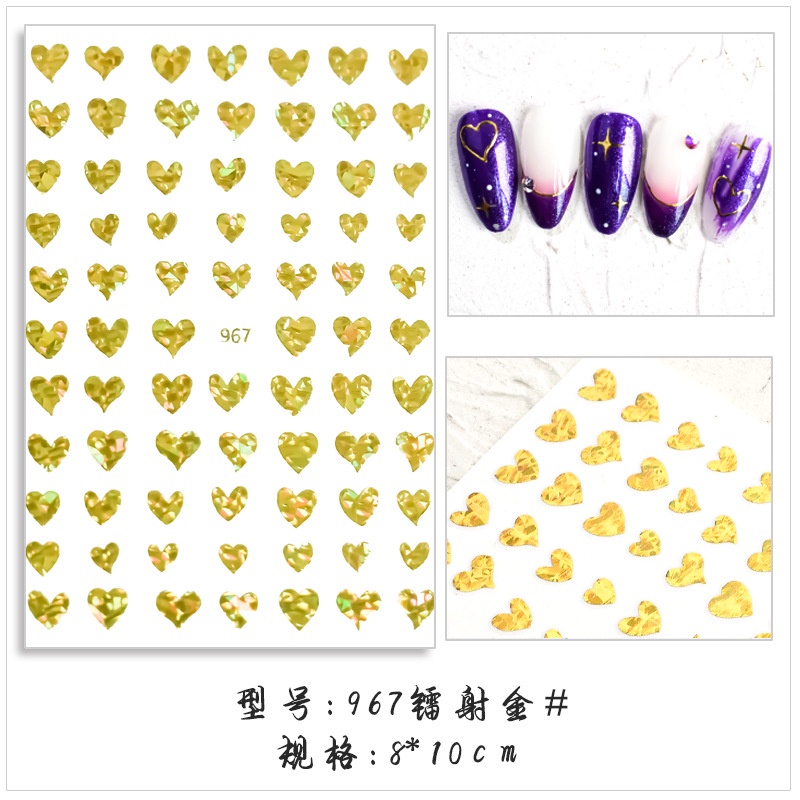 Sticker Dán Móng Tay Hình Trái Tim 3D Màu Đỏ Vàng Và Bạc Hiệu net red