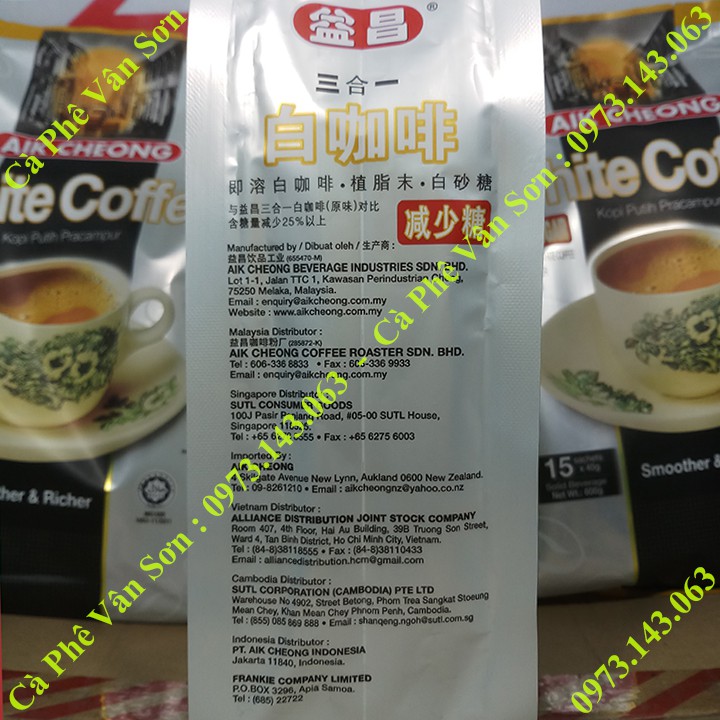 05 bịch Cà phê ít đường Aik Cheong White Coffee (less sugar) 600g (15 gói dài * 40g)